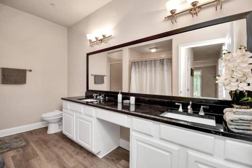 a bathroom with a sink and a large mirror at Houston Getaway in Houston