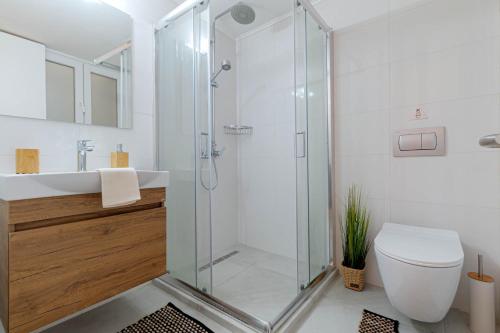 a bathroom with a shower and a toilet and a sink at Match Point Apartment, Corfu Town in Ágios Rókkos