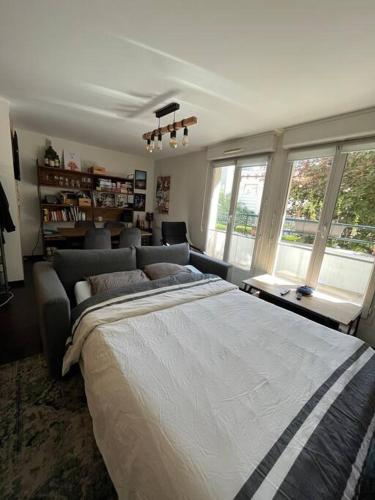 - une chambre avec un grand lit dans une pièce dotée de fenêtres dans l'établissement APPARTEMENT JO, à Saint-Denis