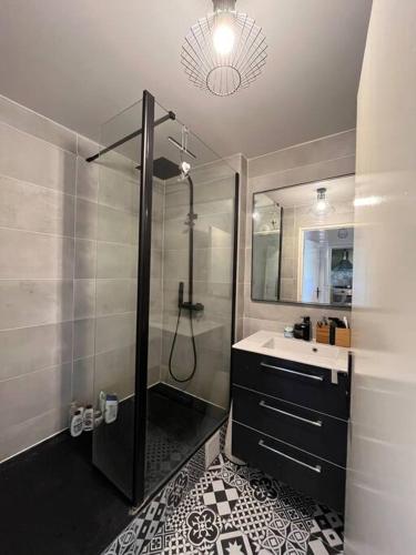 une salle de bain avec douche et lavabo dans l'établissement APPARTEMENT JO, à Saint-Denis