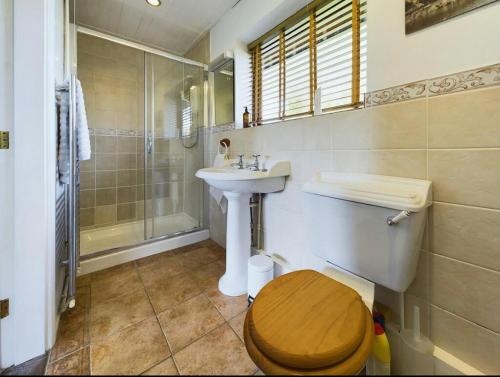 a bathroom with a toilet and a sink and a shower at Idyllic Devon Haven: 3BR Bungalow by Moors/Beaches in Cullompton