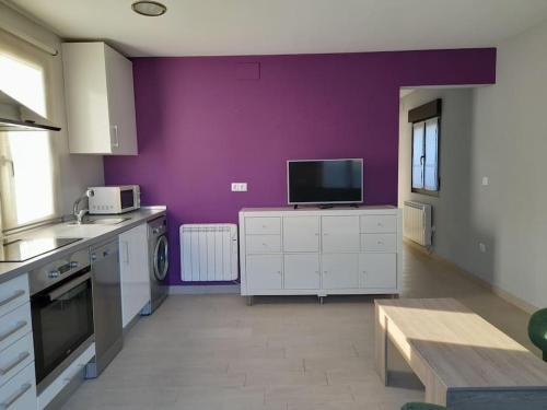 uma cozinha com paredes roxas e uma televisão num balcão em La Boquerona em Polanco
