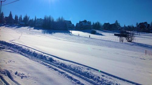 a snow covered field with houses in the background at Wanta z pyszną karczmą in Bukowina Tatrzańska
