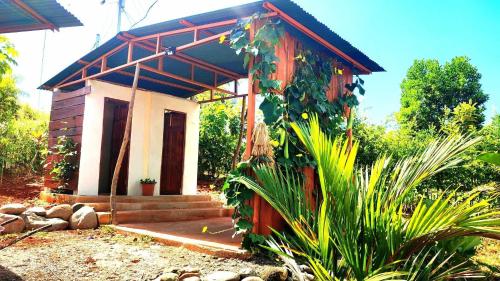 une petite maison avec une terrasse couverte et quelques plantes dans l'établissement Kocorica, à Parrita