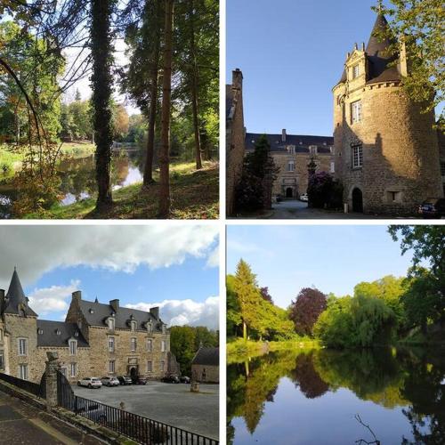 quatro imagens diferentes de um castelo e um lago em duplex de charme à Dinan em Taden