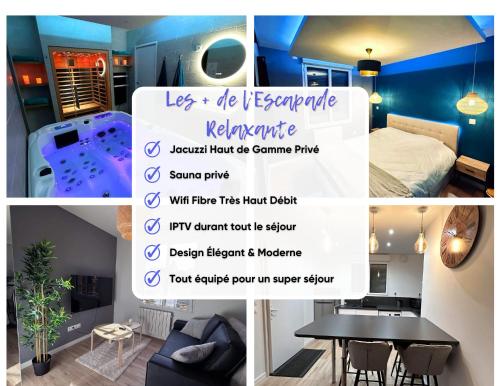 a collage of photos of a room with a sign at Escapade Relaxante - Spa - Jacuzzi - Sauna - Privés in LʼIsle-Adam