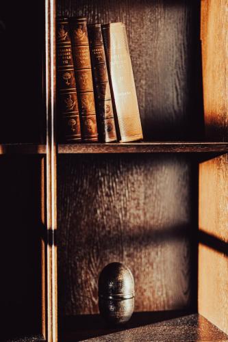 a book shelf with books and a ball on it at Vimmerby Stadshotell, WorldHotels Crafted in Vimmerby