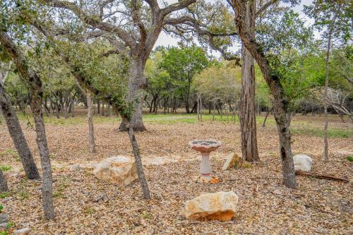 a birdbath in the middle of a forest of trees at Serene Hill Country Home w/ Romantic Garden Escape in Driftwood