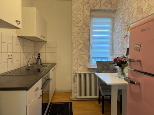オルデンブルクにあるSchöne, zentrale 2-Zimmer Wohnung nähe Innenstadtの小さなキッチン(テーブル、ピンクの冷蔵庫付)