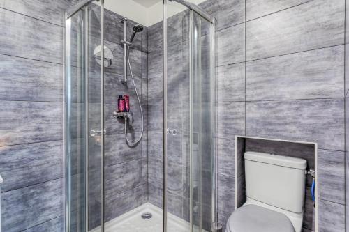 a bathroom with a shower with a toilet at Duplex Moderne à Chennevières in Chennevières-sur-Marne