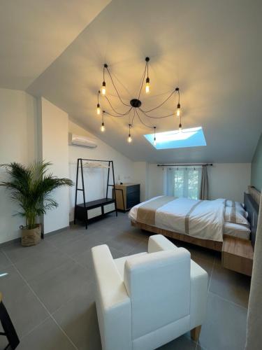 ein großes Schlafzimmer mit einem Bett und einem Kronleuchter in der Unterkunft Villa Romaine in Vaison-la-Romaine