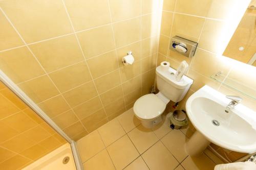 a small bathroom with a toilet and a sink at The Crossing in Kingussie