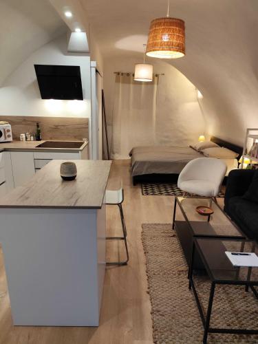 Il dispose d'une cuisine et d'un salon avec un canapé et une table. dans l'établissement Le logis du Barry, à Montpeyroux