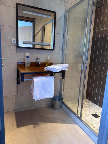 a bathroom with a shower and a sink and a mirror at L'Olivera Casa Rural in Castellbisbal
