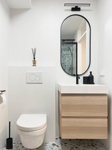 a bathroom with a toilet and a mirror at Anflor studio in Zwijndrecht