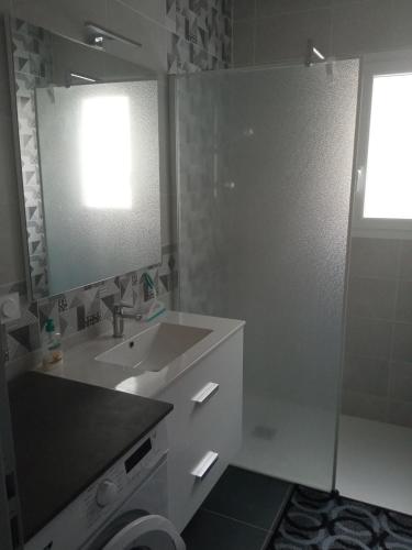 une salle de bain avec un lavabo et un miroir dans l'établissement maison rénovée en 2022, à Barbâtre