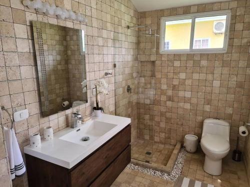 a bathroom with a sink and a toilet and a mirror at Casa Carey Lajas Pty Exclusive Beachfront Villa in Cabrera