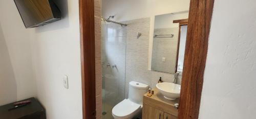 a bathroom with a shower and a toilet and a sink at Hotel Villa Javier VDL in Villa de Leyva