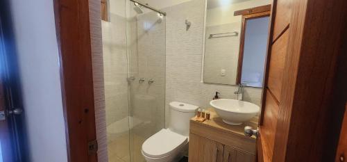 a bathroom with a toilet and a sink and a mirror at Hotel Villa Javier VDL in Villa de Leyva