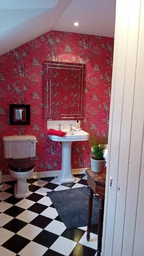 Baño rojo con lavabo y aseo en Gardeners Cottage, en Kilcock