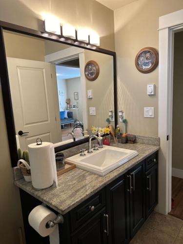 a bathroom with a sink and a large mirror at Separate entry sweet home in Victoria