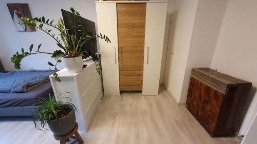 a room with a bed and a dresser with potted plants at Apartment nahe Cannstatter Wasen und Stadion in Stuttgart