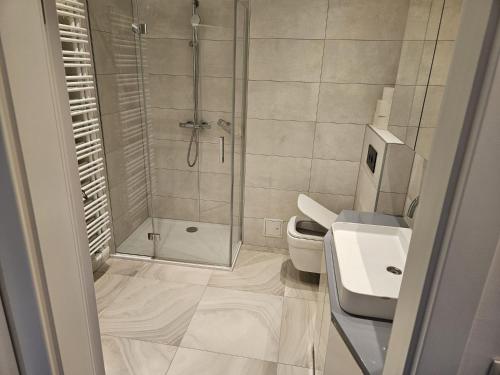 a bathroom with a shower and a toilet and a sink at GardenLoft Terrace no 3 in Vienna