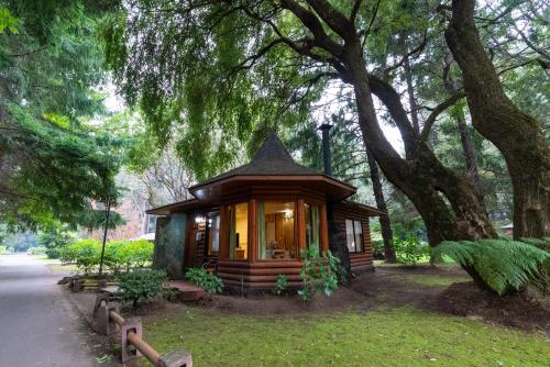 a small cabin in a park under a tree at Cabañas el Dorado Pucón in Pucón