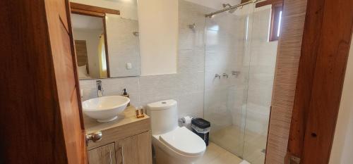 een badkamer met een toilet, een wastafel en een douche bij Hotel Villa Javier VDL in Villa de Leyva