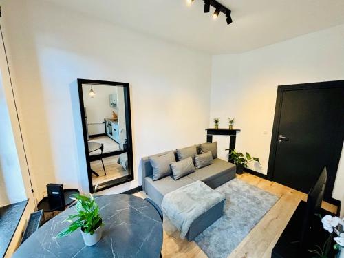 uma sala de estar com um sofá e um espelho em Appartement Cosy Liège Station em Liège