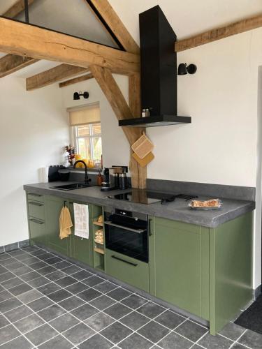 a kitchen with green cabinets and a stove at De Rheebok in Uddel