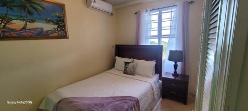 a small bedroom with a bed and a window at Faith's Villa Tobago in Diamond