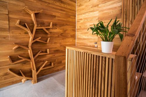 a wooden wall with a plant on a shelf at LUCKA BLED quiet location, free bikes, big garden, doctor in Bled
