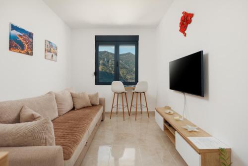 sala de estar con sofá y TV de pantalla plana en DM Apartments, en Kotor