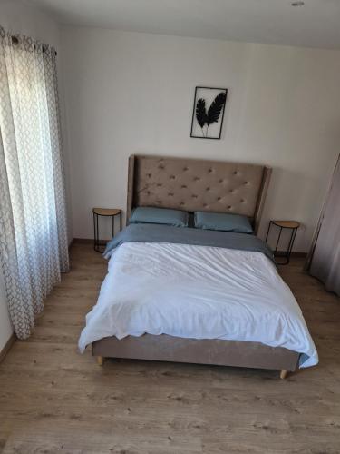 um quarto com uma cama com lençóis brancos e almofadas azuis em ILEANA em Villefranche-de-Rouergue