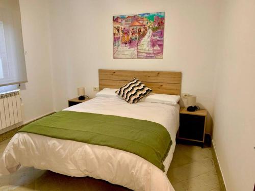 Un dormitorio con una cama con una manta verde. en casa ribeiro, en Ribadavia