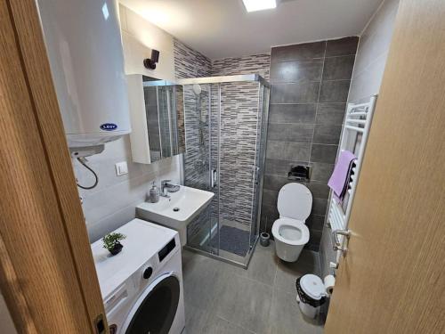 een kleine badkamer met een toilet en een wastafel bij Milo Apartment in Skopje