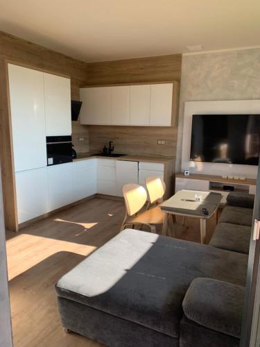 a living room with a couch and a kitchen at Ubytování v Beskydech - Apartmán Kája in Čeladná
