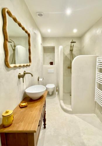 une salle de bain avec un lavabo, des toilettes et un miroir dans l'établissement Auberge du Boisset, à Saint-Martin-de-Castillon