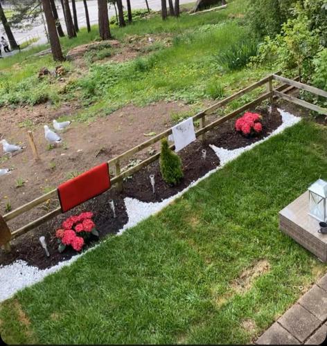 d'un jardin avec des fleurs rouges et une clôture en bois. dans l'établissement Uteplats, à Göteborg
