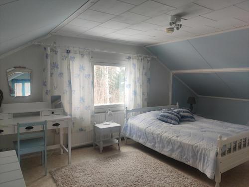a bedroom with a bed and a desk and a window at Saarijärvi - Omakotitalo, oma ranta in Kolkanlahti
