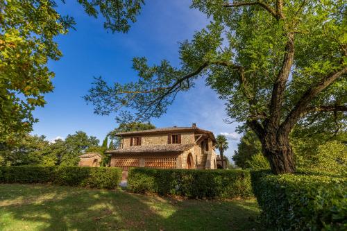 an old stone house with a tree and bushes at Villa Palazzo Bello con piscina e AC - Cetona in Cetona