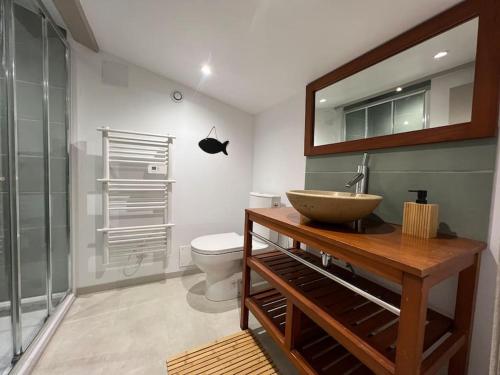 uma casa de banho com um lavatório, um WC e um espelho. em Gîtes du Fanal 