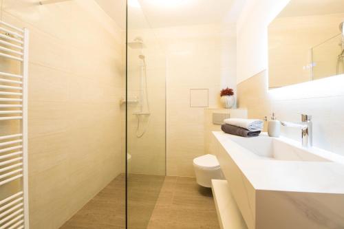 a bathroom with a sink and a glass shower at Homefeeling Apartment am Eisweiher Park in Pirmasens