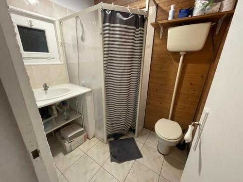 une petite salle de bain avec un lavabo et des toilettes dans l'établissement Maison de vacances, à Labenne