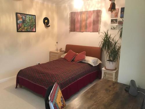 una camera con letto e pianta in vaso di Serene spacious room (double) in gorgeous bungalow on river near Thorpe park and Holloway University Egham a Staines upon Thames