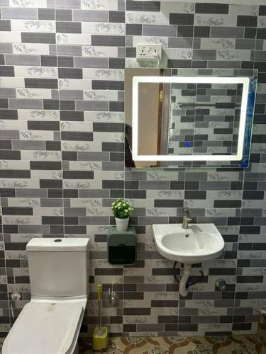 łazienka z toaletą i umywalką w obiekcie Serene Getaway: 5-bedroom Duplex w mieście Dawhwenya