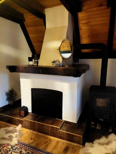 a fireplace with a mirror on top of it at Tarski vrh in Bajina Bašta
