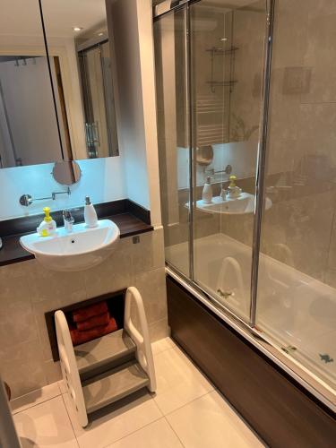 a bathroom with a sink and a shower at 2 bed/2 bath luxury flat with city view! in London