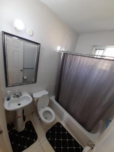 a bathroom with a toilet and a sink and a mirror at Seville Meadows 3 - Johns Road Spanish Town in Spanish Town